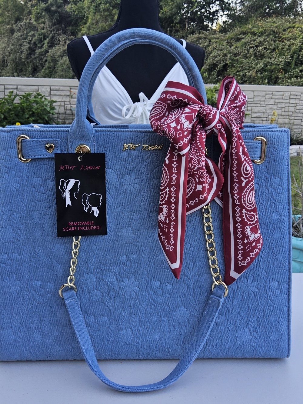 NWT-Betsey Johnson Blue Jean Skull Embossed Tote with Removable Red Head Scarf